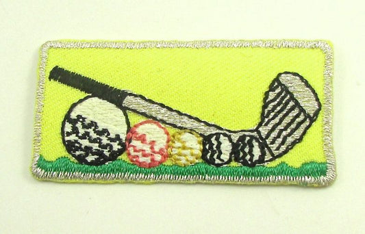 Golf Club with Balls on Green, Multi-Color with Metallic silver Embroidered Iron-On 2" x 1"