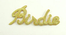Load image into Gallery viewer, Golf Word &quot;Birdie&quot;, Metallic Gold Embroidered Iron-On 2&quot; x 1&quot;