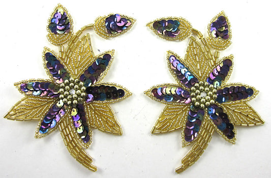 Flower Pair Moonlight Sequins and Gold Beads 5" x 3.5"