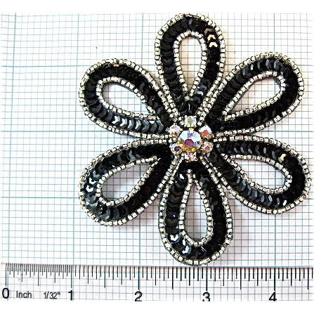 Flower with Black Sequins and AB Rhinestones Silver Beads 4" x 3.5"