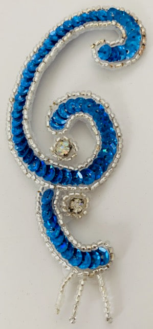 Designer Motif Pair with Royal Blue Lazer Sequins , Silver Beads and Rhinestones 4" x 2"