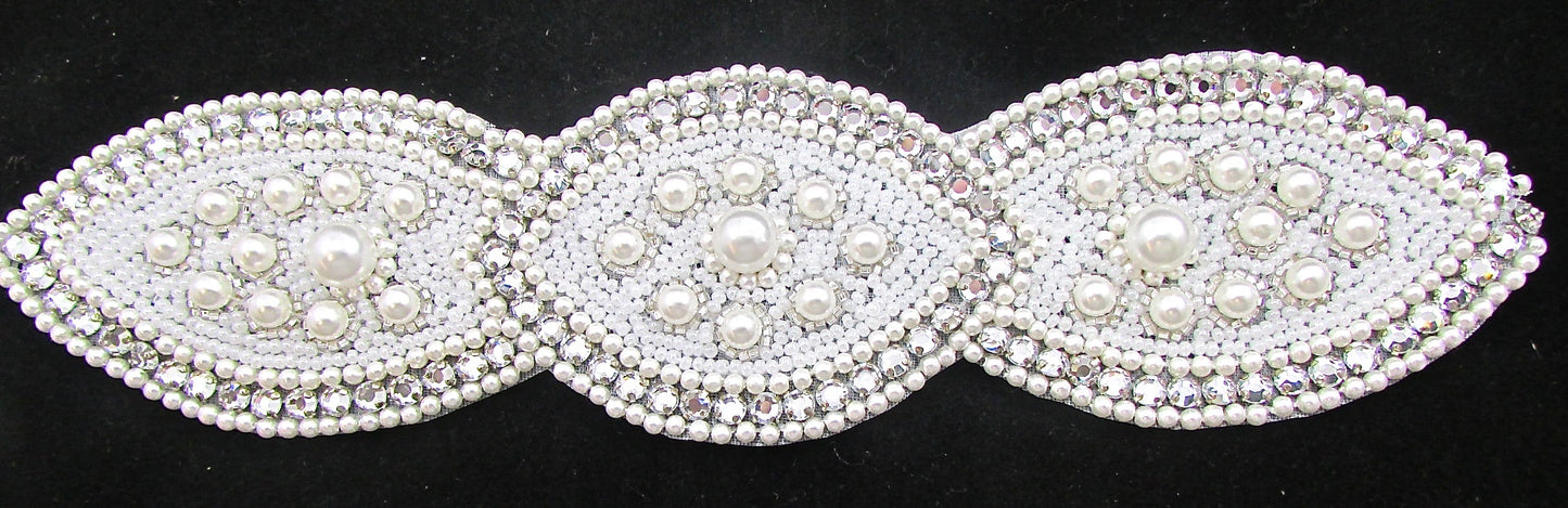 Designer Motif with High Quality Rhinestones, Pearls and White Beads 9" x 2"