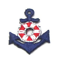 Load image into Gallery viewer, Anchor, Red with Blue and White Lifesaver, Embroidered Iron-On  1&quot; x .75&quot; - Sequinappliques.com