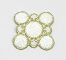 Load image into Gallery viewer, Designer Motif, White Circles with Metallic Gold, Embroidered Iron-On 2&quot; x 2&quot;