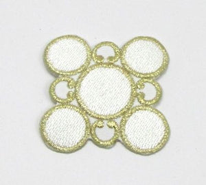 Designer Motif, White Circles with Metallic Gold, Embroidered Iron-On 2" x 2"