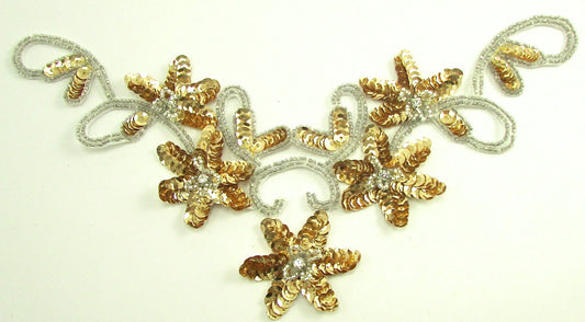 Flower Gold Sequins Neck Piece with Rhinestones 4.5" x 9.5"