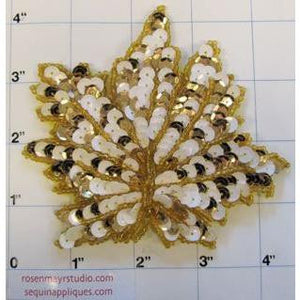 Leaf With Gold Beads and all White Sequins , 3.5" x 3.5"