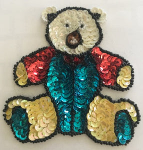 Teddy Bear with Multi-Colored Sequins and Beads White Face 3.5" x 3.5"