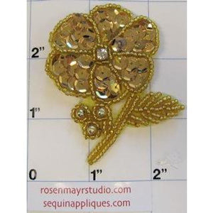 Flower with Gold Sequins Gold Beads and Leaf w/ Rhinestone 2.75" x 2.5"