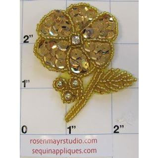 Flower with Gold Sequins Gold Beads and Leaf w/ Rhinestone 2.75