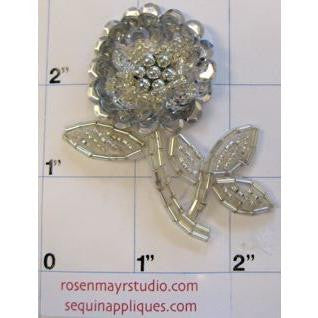 Silver sequins, white bugle beads and beading a silver pearl like center