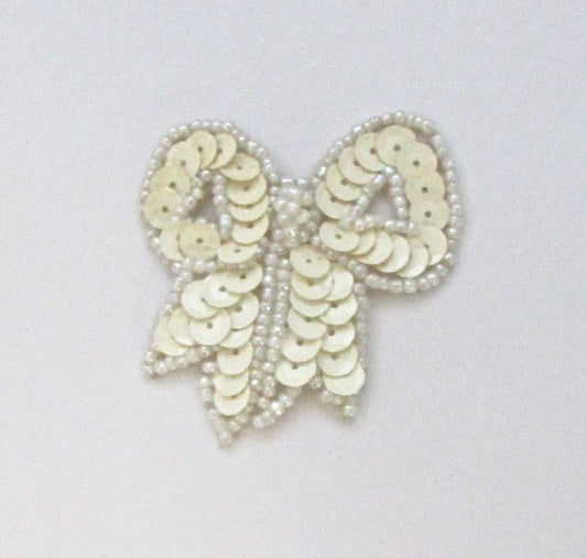 Bow with Cream Sequins and White Beads 2" x 2"