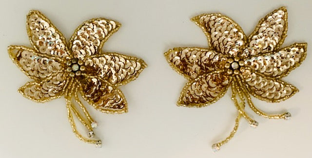 Flower Pair with Gold Sequins and AB Rhinestones in Center 2.5