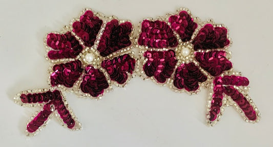 Double Flower with Maroon Sequins, Silver Beads and Pearl Centers 6" x 3"