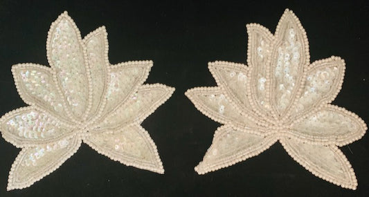 Leaf Pair Iridescent Sequins and Pearl Beaded Trim 4.5" x 5"