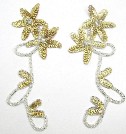 Flower Pair with Gold Lazer Spotlight Sequins and Silver Beads with Rhinestones 7.5" x 3"
