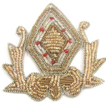 Load image into Gallery viewer, 12 PACK - Bullion Crest with Gold Thread and Beads 8 Red Beads 3&quot; x 2.5&quot; - Sequinappliques.com