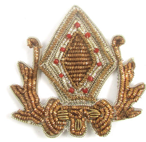 12 PACK - Bullion Crest with Gold Thread and Beads 8 Red Beads 3" x 2.5" - Sequinappliques.com