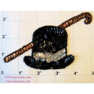 Top Hat, Black and Silver Sequins/Beads with Cane, Brown Sequins/Beads 4.5 x3