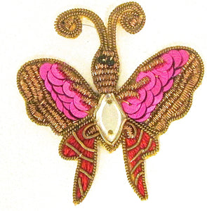 Butterfly Bullion Gold and Red Thread and Fuchsia Sequins 2.5"