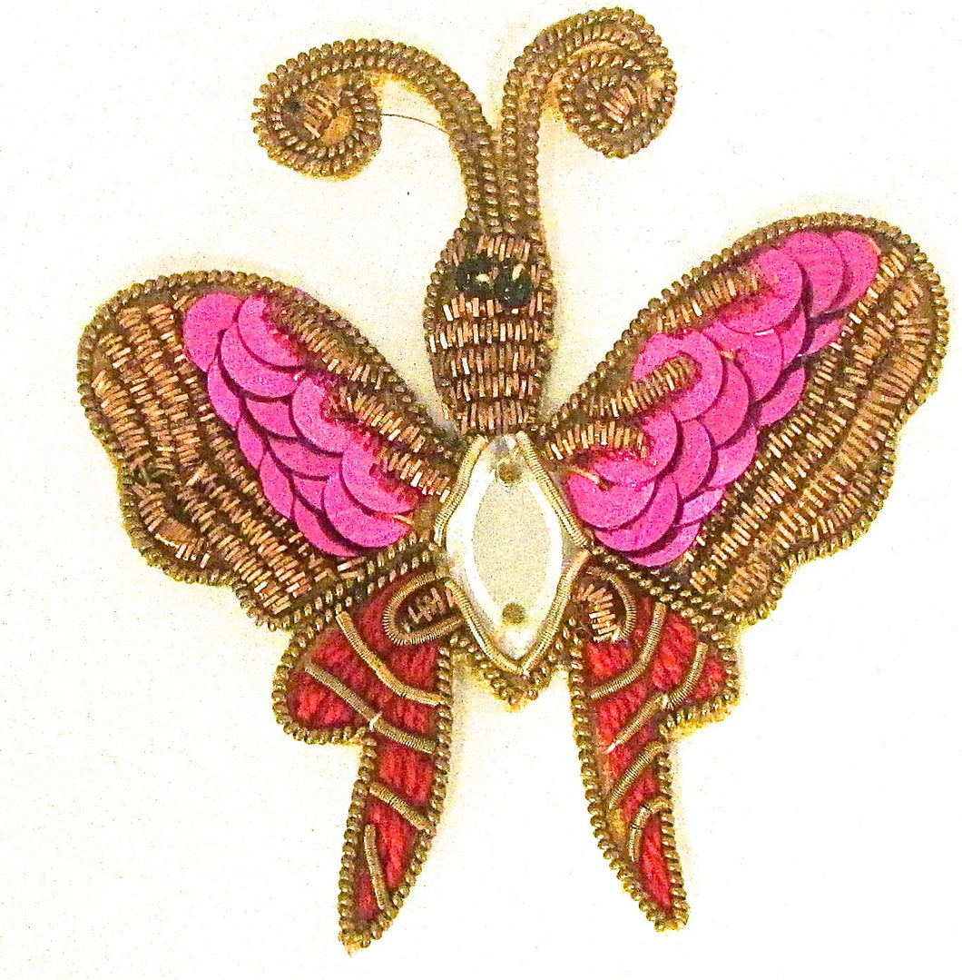 Butterfly Bullion Gold and Red Thread and Fuchsia Sequins 2.5