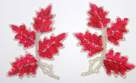 Leaf Pair with Brilliant Pink Sequins/Silver Beads 5" x 4"