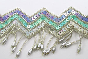 Fringe Trim Southwestern Motif with Mint, Lavender, Sequins and Silver Beads 2.5", Sold by the Yard