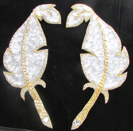 Leaf with Iridescent Sequins and Gold Beads and Large Rhinestone 8.25" x 4"
