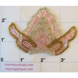 Pink iridescent sequins with gold, pink and crystal beading. 3.5