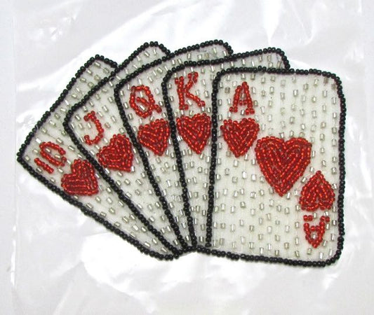 Playing Cards, Royal Flush w/ Red, Black and Silver Beads, 5" x 3.5"