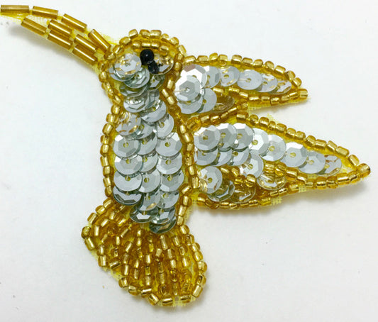 Hummingbird with Gold Sequins and Silver Beads, 2" x 3"
