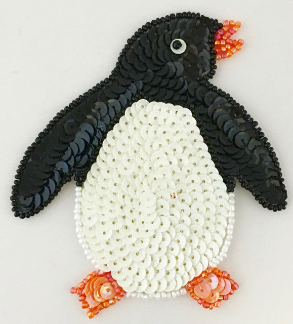 Penquin with Black and White Orange Sequins and Beads 4" x 3.5"