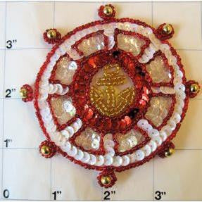 Nautical Ships Wheel with Red White and Gold Sequins and Beads 3.5"