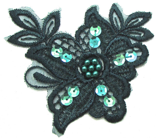 Embroidered Flower with Dark Green beads and sequins 3.5"