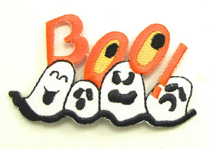 BOO with Four Ghosts Embroidered Iron-On 1.5" x 3"