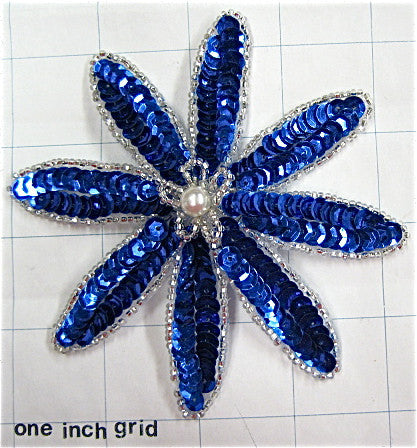 Designer Motif with Royal Blue Sequins White Pearl Center 4.25"