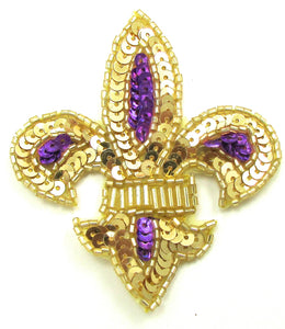 Fleur de lis with Gold and Purple Sequin and Beads 3.25" x 2 7/8"