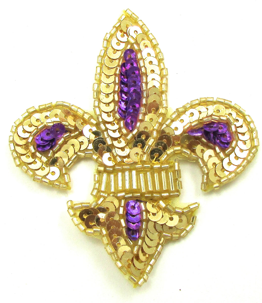 Fleur de lis with Gold and Purple Sequin and Beads 3.25