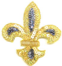 Load image into Gallery viewer, Fleur de lis with Gold and Deep Purple Spotlite Lazar Sequins and Beads 3&quot; x 2.5