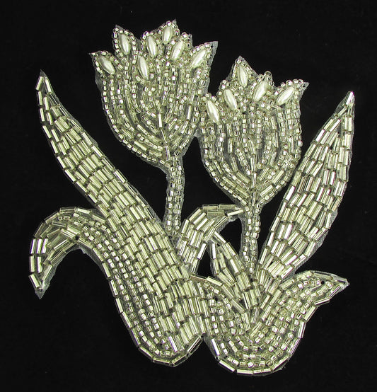 Tulips with Pearls and Silver Beads 4.5" x 4"