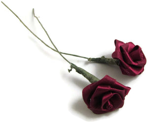 Flower Set of Two Maroon Roses Embroidered with Stem 1"