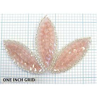 Leaf Motif Appliqué with Iridescent Pink Sequins and Silver Beads 2" x 3"