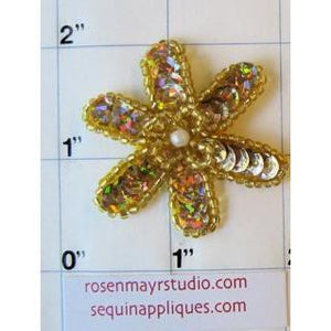 Flower Gold Lazar Sequins with pearl ,1"