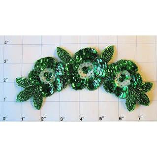 Triple Flower Green with Sequins and Beads 7.5" x 3"