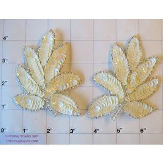 Leaf Pair with Creamy White Sequins and Silver Beads 4" x 3"