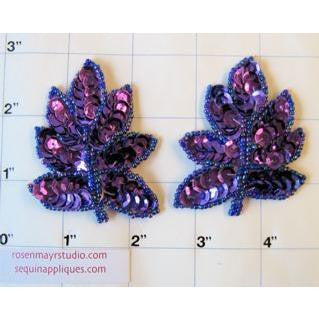 Leaf Pair with Purple Sequins and Beads 2" x 1.5"