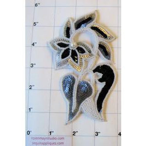 Flower with Gun Metal Sequins and White Beads and Pearl 6" x 3"