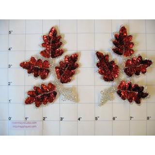 Leaf Pair with Red Sequins and Silver Beads 4.5" x 4"