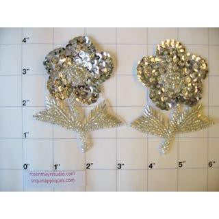 Mirrored Pair Silver Sequin and Bead Flowers 3” x 1.75”