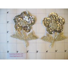 Load image into Gallery viewer, Mirrored pair silver sequin and bead flowers 4&quot;
